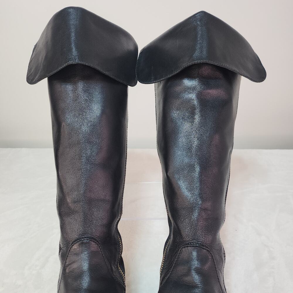 Whimsigoth Equestrian Black Leather Knee High Boots 7 Steampunk Gold Glam Goth - Picture 6 of 14